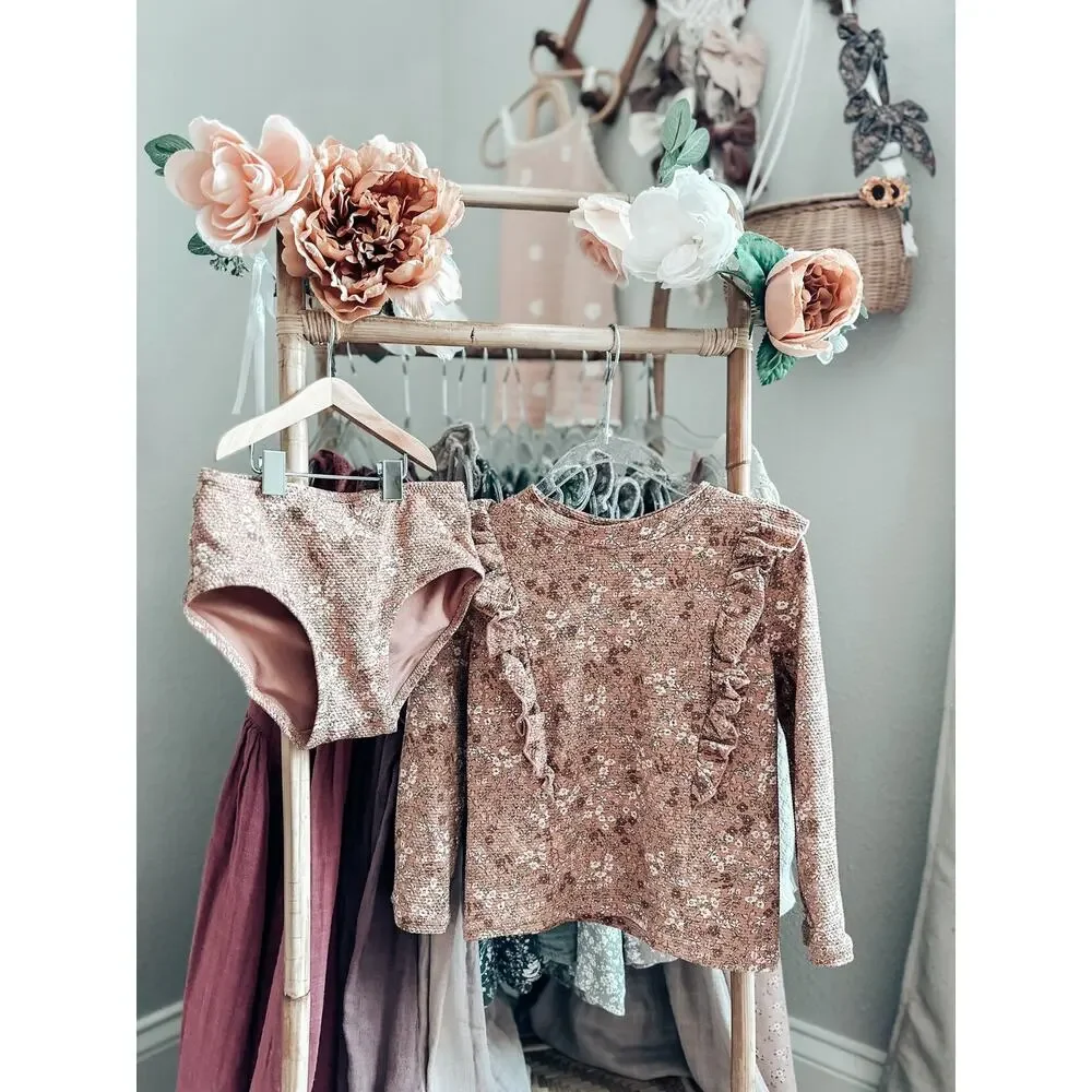 Dusty Rose Blooming Floral Rash Guard 2pc Swimsuit 3/4T